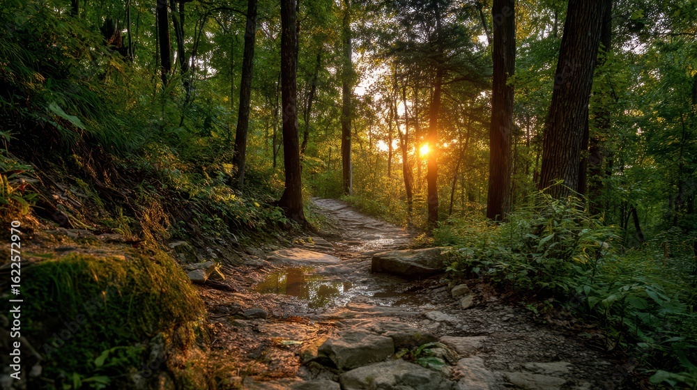 Fototapeta premium Serene Sunrise in a Forest Trail with Gentle Hiking Pathway
