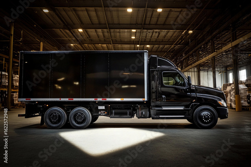 Sleek black delivery truck in modern warehouse setting Generative AI