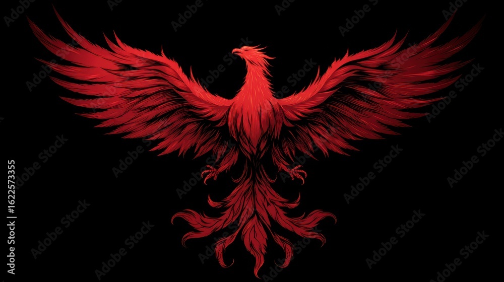 Fototapeta premium Mythological Phoenix Rising Silhouette in Vibrant Red Against Black