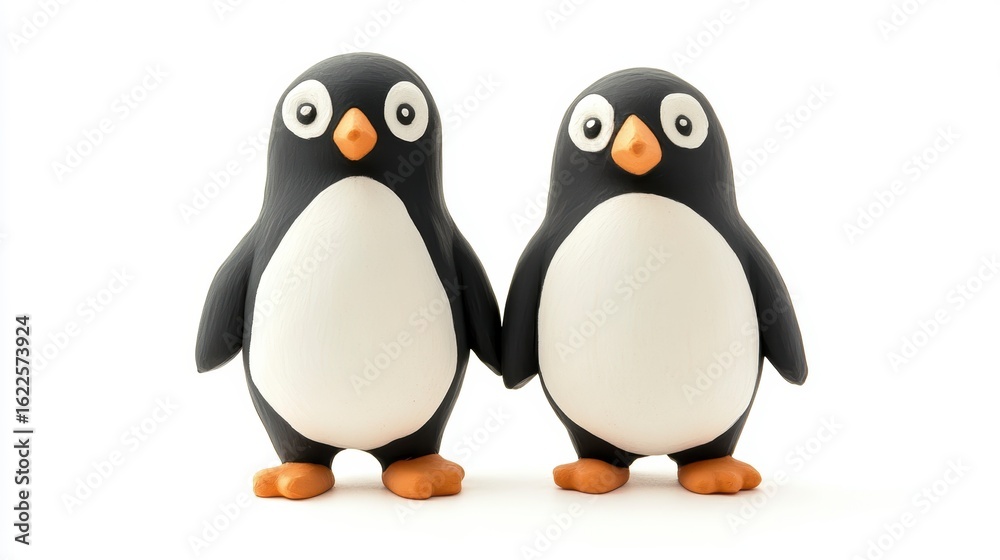 Naklejka premium Two adorable cartoon penguins holding hands against a white background.