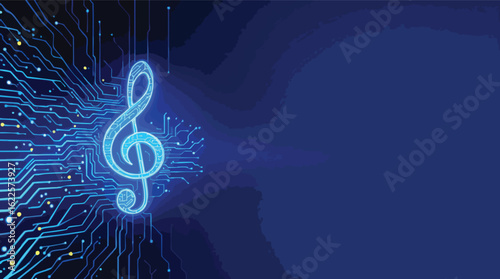 Digital music concept represented by glowing treble clef on a circuit board background.