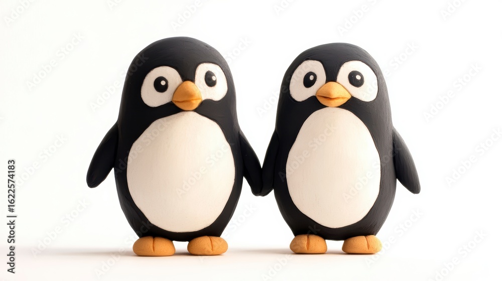 Fototapeta premium Two adorable clay penguins holding hands against a white background.