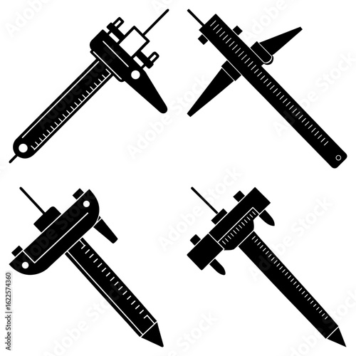 Four black and white illustrations of vernier calipers in varying orientations on a white background