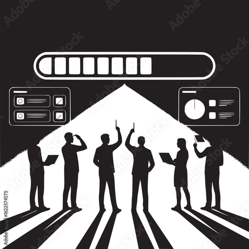 Silhouetted business team under progress bar and data dashboards in black and white illustration