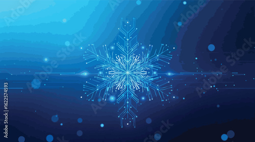 Digital snowflake circuit board design representing winter technology and information.
