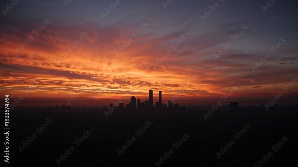 Naklejka premium Evening sky casting shadows on a far-off metropolis