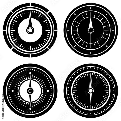 Four circular compasses with needles pointing in various directions in a black and white illustration