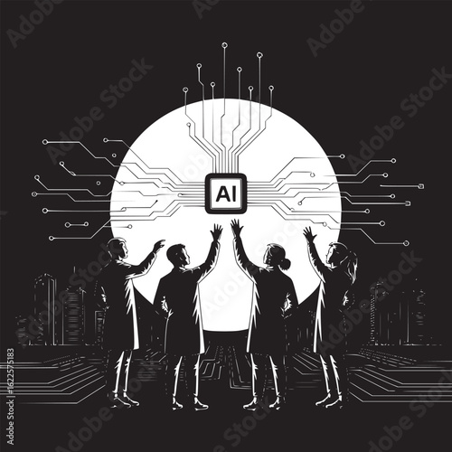 A black and white illustration of people reaching for an ai symbol with a cityscape background
