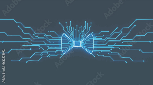 Futuristic digital circuitry design featuring a central processor in the shape of a bowtie.