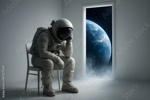 Pensive Astronaut in White Room with Earth in Doorway