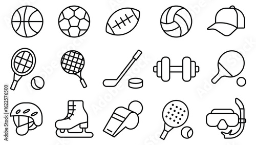 Diverse Collection of Sports Equipment and Accessories in Linear Style