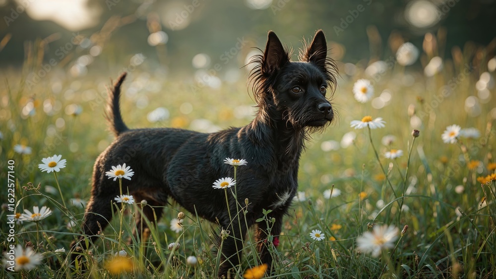 Black Toy Terrier Surrounded by Grass and Flowers at Early Morning Black Toy Terrier Surrounded by Grass and Flowers at Early Morning