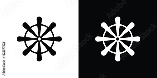 Dharmachakra icon silhouette collection in black and white flat solid versions for graphic designs