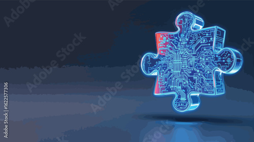 Futuristic technology concept with a glowing puzzle piece representing data processing and solutions.