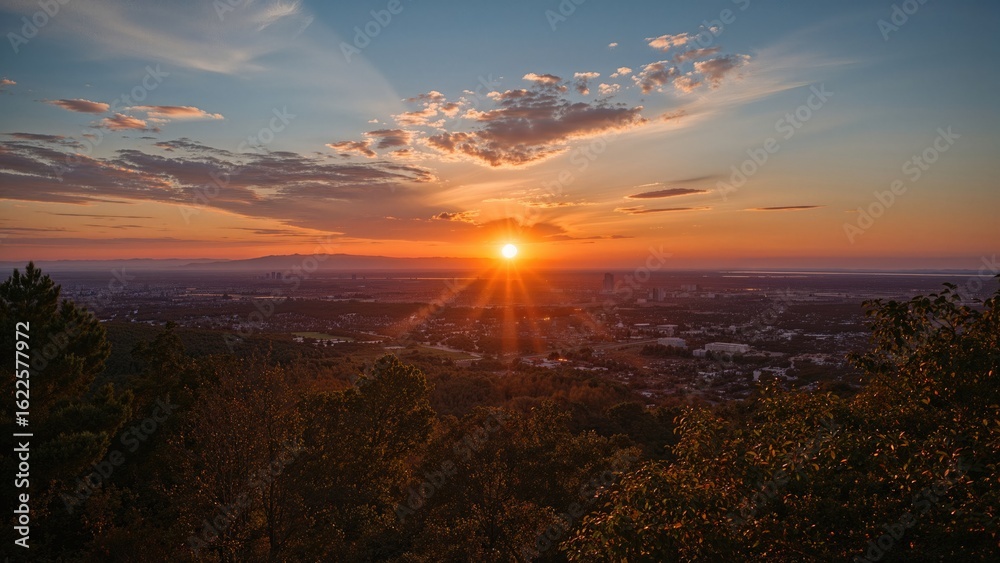 Fototapeta premium Breathtaking dawn light brightening the urban skyline, highlighting nature's vivid and lively outdoor scene with glowing orange rays marking the change from spring to summer.