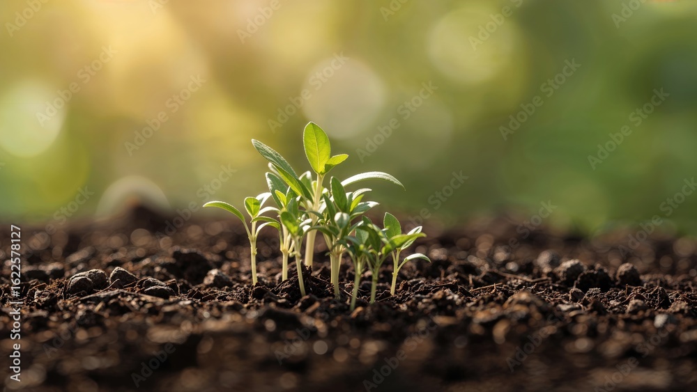 Fototapeta premium Green shoots rising from soil in the glow of sunlight, advocating for tree planting to help reduce global warming.