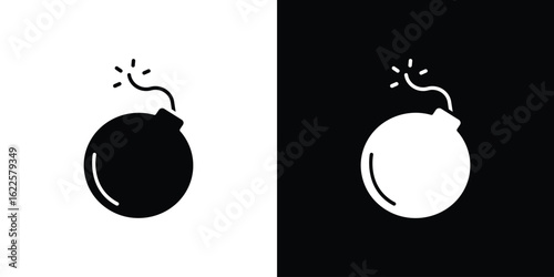 Bomb icon silhouette collection in black and white flat solid versions for graphic designs