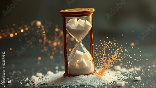 A broken hourglass with sugar cubes instead of sand, swept away by a golden breeze, symbolizing fleeting sweetness.