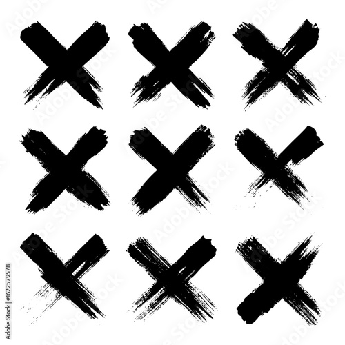 Grunge crosses, brush strokes, x mark, lines, ink smudges, hand-drawn scribble shapes. Handmade sketchy marks, acrylic stains, charcoal streaks. Paint textures, dry brush effect. Vector illustration