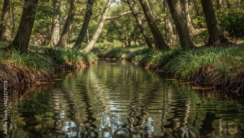 A narrow stream mirroring the surrounding woodland, showcasing spring's green hues in a natural park setting with stones and autumn tones