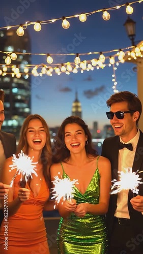 vertical. Group of stylish friends holding sparklers and smiling during rooftop night celebration with festive string lights and city skyline
