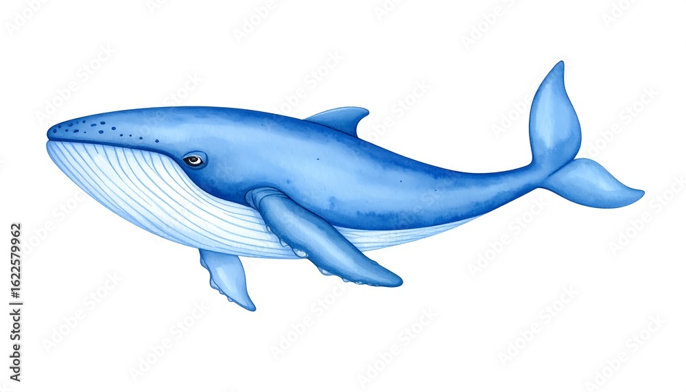 Obraz premium Watercolor Illustration of a majestic Blue Whale swimming gracefully in the ocean