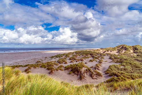 Fototapeta Naklejka Na Ścianę i Meble -  From this dune top you have a beautiful view of the deserted beach and the sea with rough cloud formations above it around the island of Terschelling