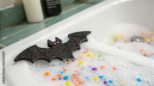 Fizzy bath bomb shaped like bat floating in bubbly tub filled with colorful beads creates fun and playful atmosphere for relaxation. Enjoy whimsical bath experience