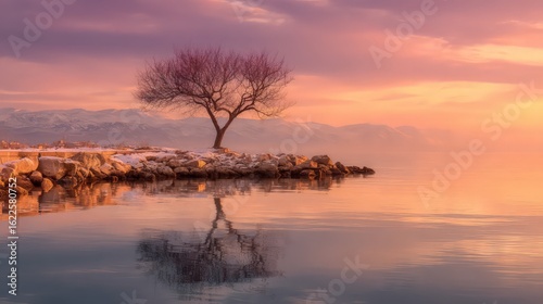 Solitary Tree Reflecting in Calm Water at Sunrise