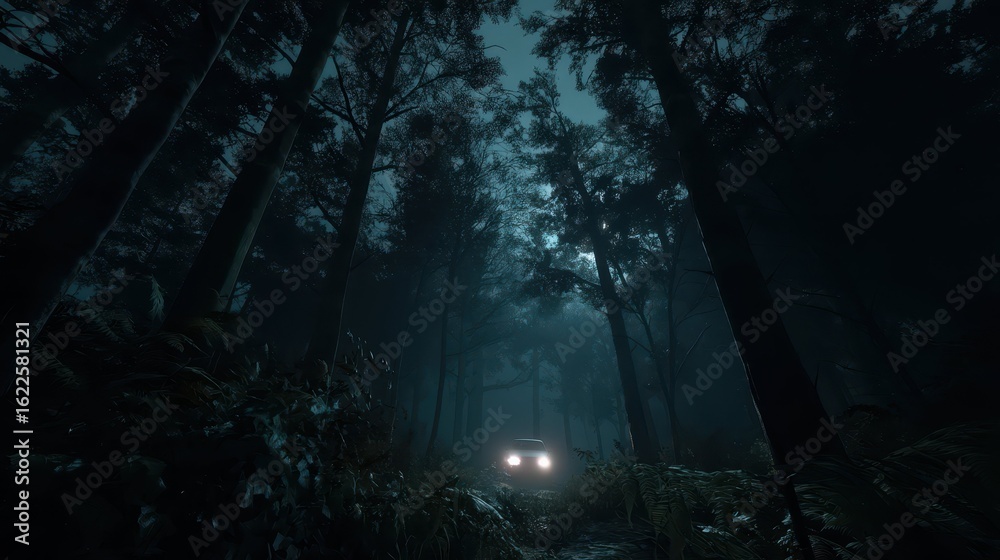 Fototapeta premium Mysterious Night Scene in a Dark Forest with Car Headlights