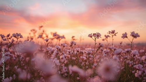 Blurred flowers form a soft foreground against a backdrop of sky bathed in warm orange and pink light.