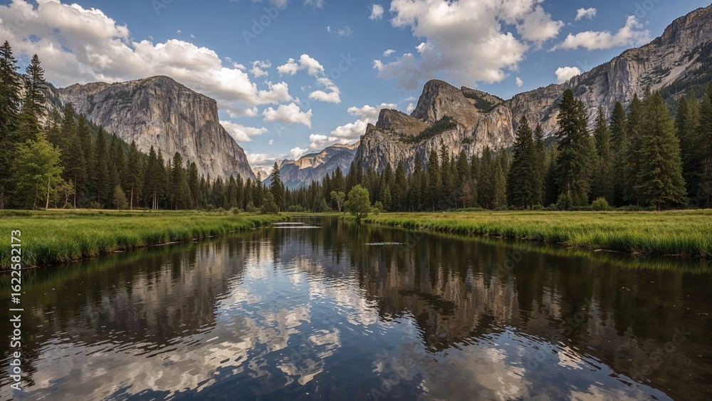 Fototapeta premium Early morning Yosemite Falls mirrored flawlessly by the Merced River and adjacent meadow