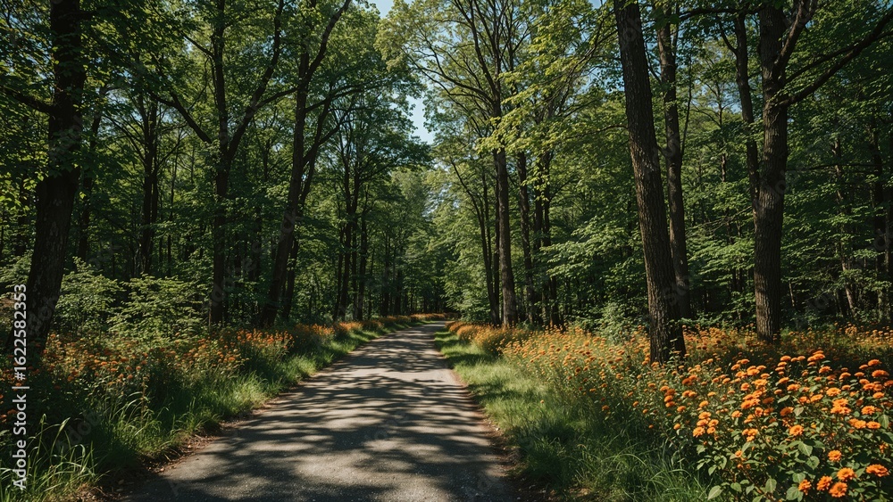 Fototapeta premium A scenic route enclosed by tall foliage and vibrant plants within a woodland setting