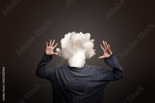 Woman with head as a cloud. Burnout stress or thoughtlessness concept