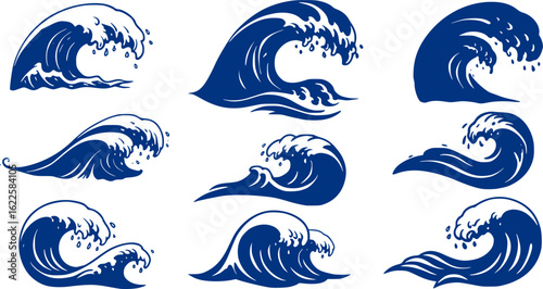 Oriental waves icons japan. Stylized ocean wave curls, japan style tsunami, sea swirls graphics collection. Oceanic water asian decorative ornamental splashes elements. Art vector illustration