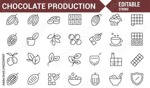Chocolate Production Process Icons Including Cocoa Beans, Bars, and More