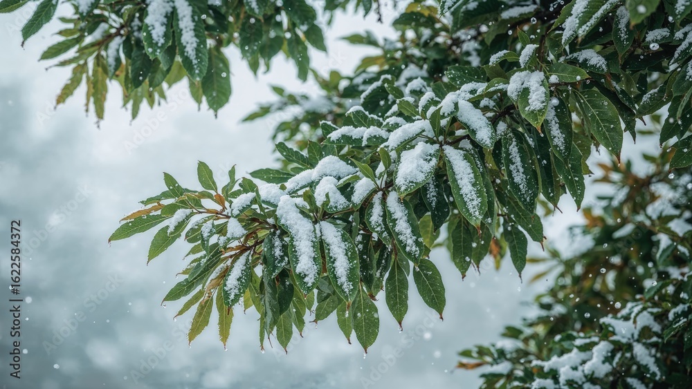 Obraz premium Early winter snow blanketing verdant plant leaves