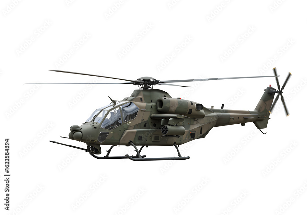 Fototapeta premium A modern stealth military helicopter in camouflage, with its propellers in motion isolated on white or transparent background. PNG format.