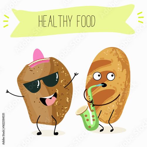 Baked food funny characters, hand drawn vector illustration.