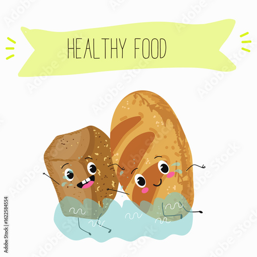 Baked food funny characters, hand drawn vector illustration.