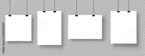 collection of white blank posters hanging on black binders, paper sheet in different ratio, realistic gallery mockup.