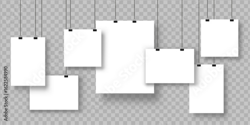 collection of white blank papers hanging on black binders for photo exhibition, paper sheet in different ratio, realistic gallery mockup.