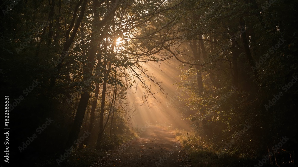 Naklejka premium Sunlight streaming through the canopy in the forest