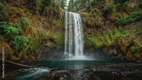 Spectacular waterfall enveloped by rich vegetation along a watercourse