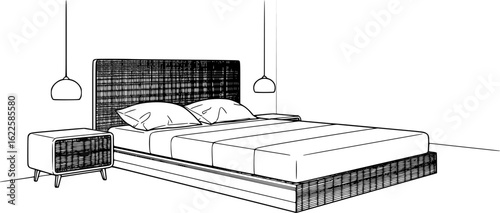 vector bedroom with bed black lines .Generative AI
