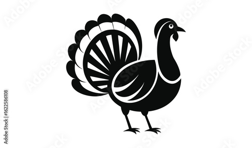 Stylized black and white illustration of a turkey with fanned tail feathers