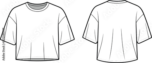 Flat vector illustration of front and back oversized cropped t-shirt, minimal fashion cad template for apparel design and mockup presentation