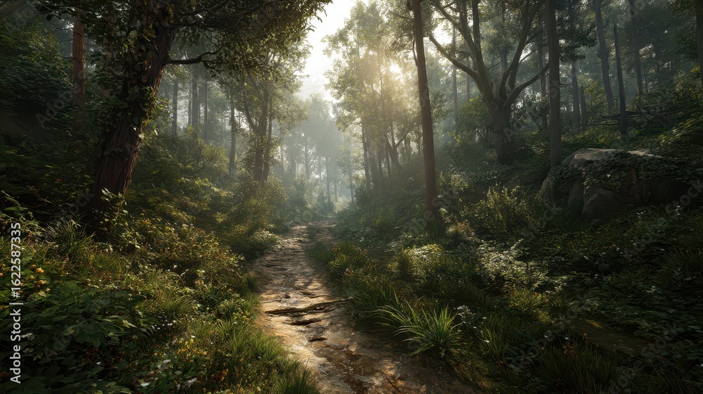 Fototapeta premium Sun-Drenched Forest Trail with Birdsong and Lush Greenery
