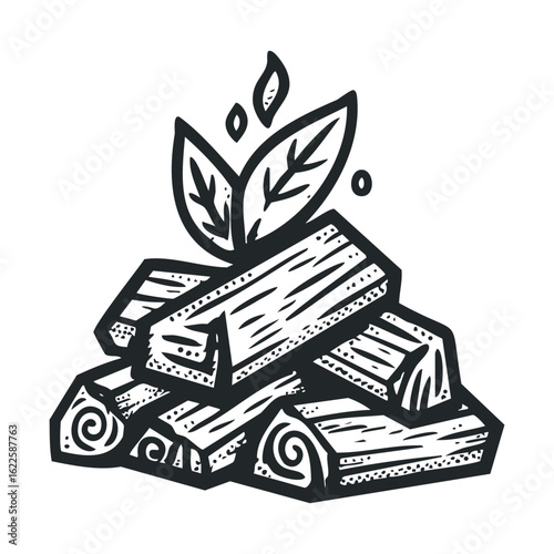 Firewood stack with sprouting leaves for eco friendly camping