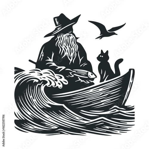 Fisherman with a cat on a boat near the waves at sunset